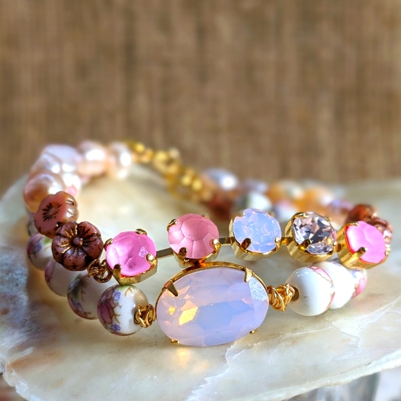 Victorian Darling Pink Opal Swarovski Crystal & Porcelain Beads Layered Bracelet - Picture 1 of 6